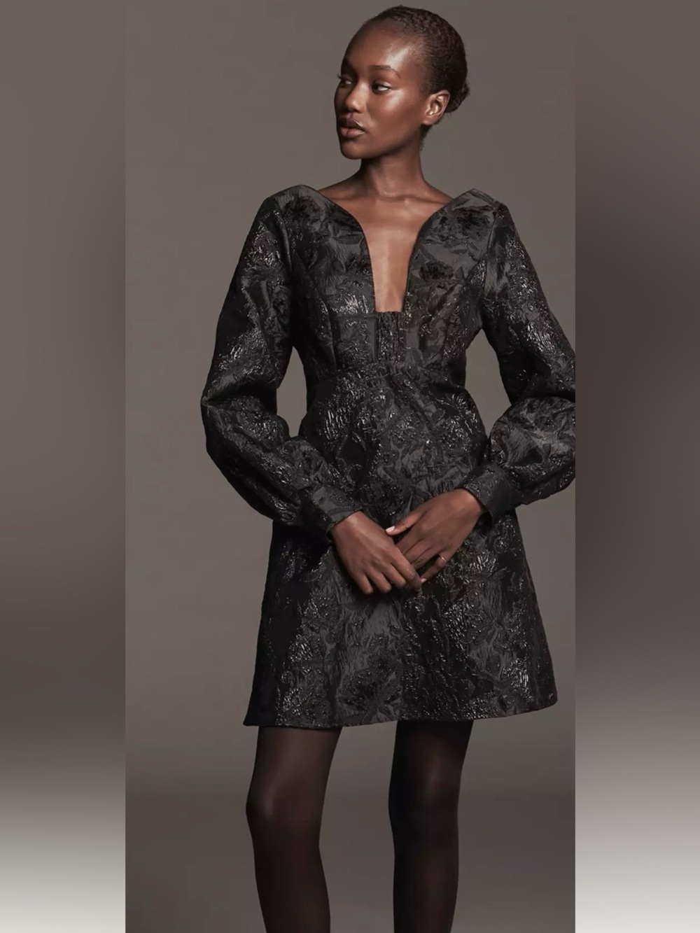NWT Maeve Black Textured V-Neck Puff-Sleeve Mini Dress SIZE 8